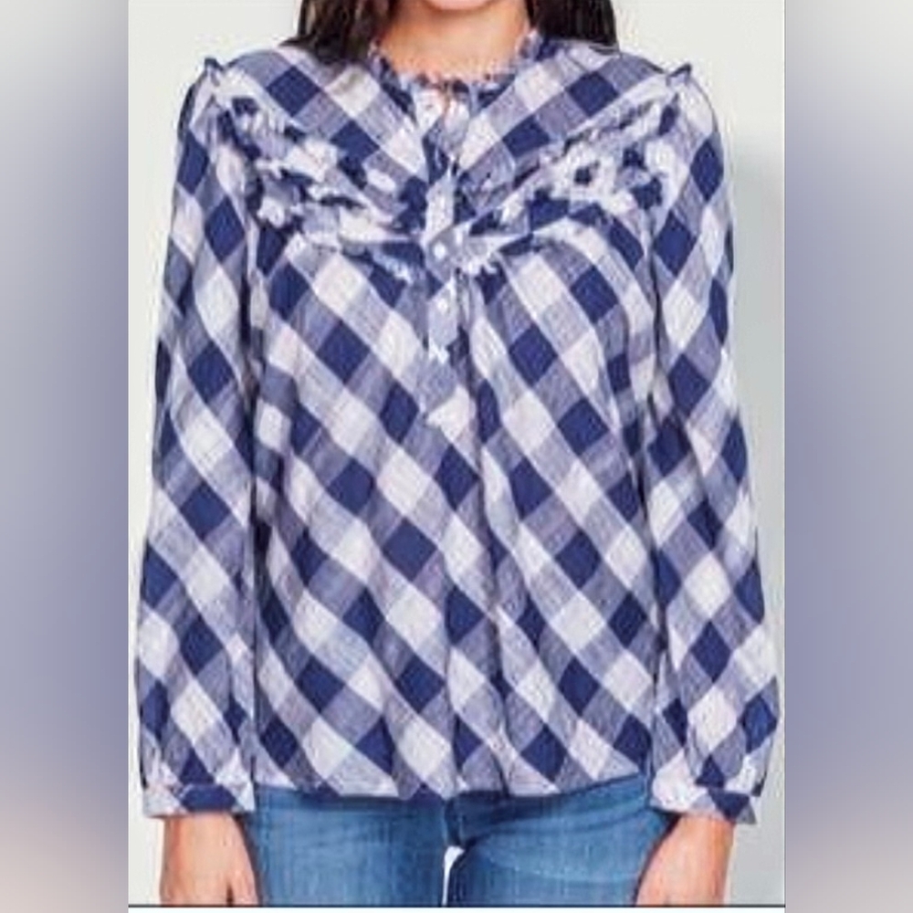 William Rast Navy and White Gingham Ruffle Button-Down Blouse